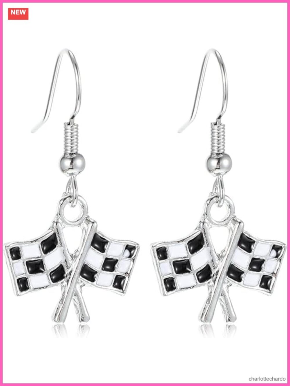 Stainless Steel Checkered Flag Dangle Earrings Racing Enthusiast Gift